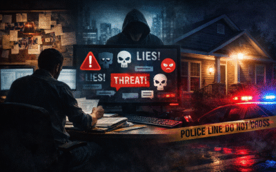 Investigative illustration showing how online harassment and false narratives escalated into real-world danger in the William Moseley Kingmaker case study.