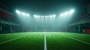 Cinematic wide angle shot of a sun drenched Miami Hurricanes football field during early spring practice symbolizing new beginnings and intense training