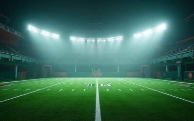 Cinematic wide-angle shot of a sun-drenched Miami Hurricanes football field during early spring practice, symbolizing new beginnings and intense training.