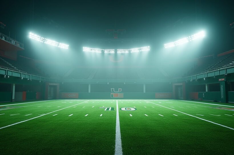 Cinematic wide angle shot of a sun drenched Miami Hurricanes football field during early spring practice symbolizing new beginnings and intense training