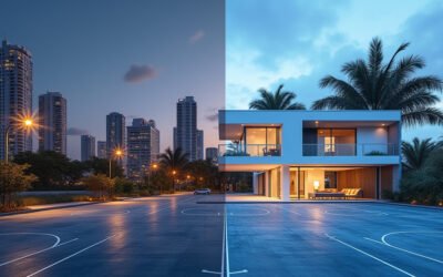 A symbolic image representing the Miami Hurricanes' NCAA Tournament progress, the city's affordable housing initiatives, and global ocean stewardship efforts.