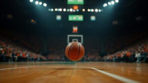 Cinematic wide angle shot of a basketball court during a tense NCAA Tournament game representing the intensity of Miamis victory over Missouri