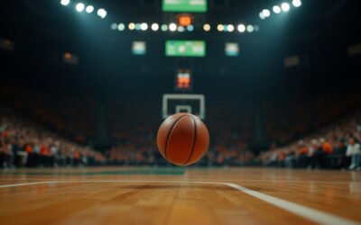 Cinematic wide-angle shot of a basketball court during a tense NCAA Tournament game, representing the intensity of Miami's victory over Missouri.