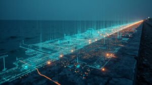 A futuristic cinematic depiction of Miami Beachs strategic plan showcasing a blend of modern urban development resilient infrastructure and sustainable energy solutions