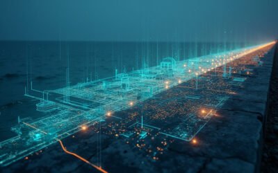 A futuristic, cinematic depiction of Miami Beach's strategic plan, showcasing a blend of modern urban development, resilient infrastructure, and sustainable energy solutions.