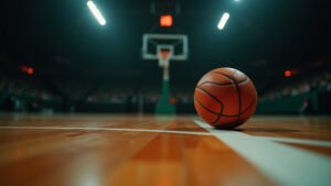 Cinematic wide angle shot of a basketball in mid air during an intense NCAA Tournament game representing the excitement and drama of March Madness