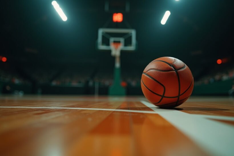 Cinematic wide angle shot of a basketball in mid air during an intense NCAA Tournament game representing the excitement and drama of March Madness