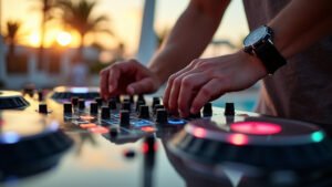 Cinematic wide angle shot of a vibrant Miami Music Week electronic music festival scene at night representing the energetic atmosphere of the event