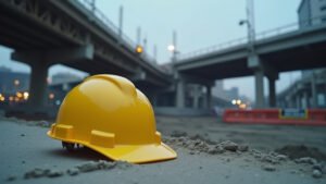 Cinematic wide angle shot of the I 395 overpass construction site in Miami at dawn representing the scene of a fatal fall