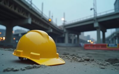 Cinematic wide-angle shot of the I-395 overpass construction site in Miami at dawn, representing the scene of a fatal fall.
