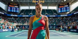 Professional editorial portrait of Aryna Sabalenka competing at the Miami Open in 2026