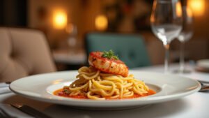 Cinematic wide angle shot of the elegant interior of Signor Sassi an upscale Italian restaurant in Miami showcasing its Venetian and Art Deco design elements